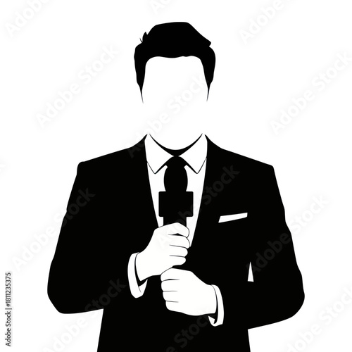 Silhouette of a male reporter in a suit holding a microphone ready to report the news event now