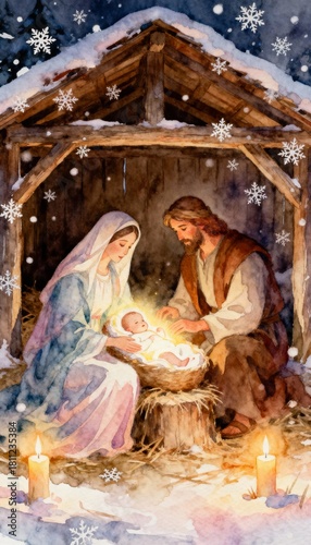 Nativity scene with the Holy Family and baby Jesus. Warm, serene Christmas depiction with soft glowing light, classic festive religious atmosphere.