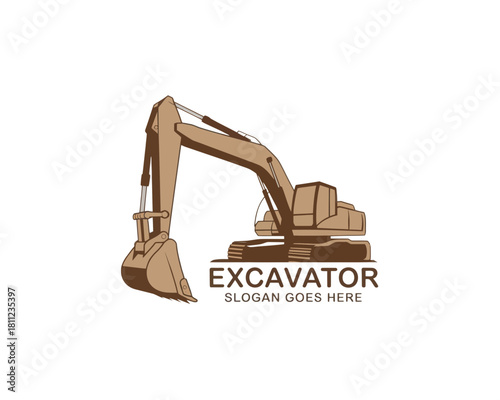Illustration of an excavator with a slogan underneath and a brown color scheme on a white background 