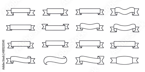 Collection of sixteen outlined banner shapes with various styles and ribbon ends arranged in rows and columns silhouette