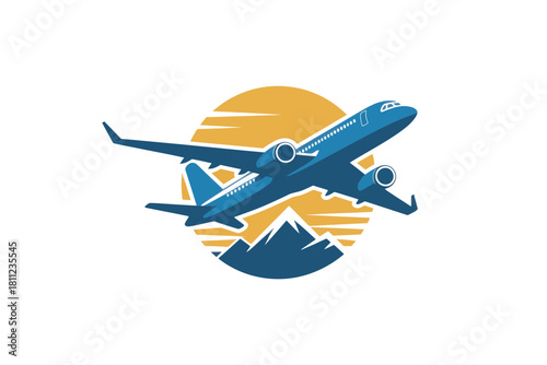 Illustration of a blue airplane flying over mountains with a yellow sun in the background design silhouette