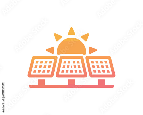 Illustration of three solar panels with a sun above them in orange and yellow gradient colors 