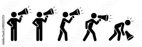 Five stick figures in various stages of using a megaphone to make an announcement or communicate loudly silhouette