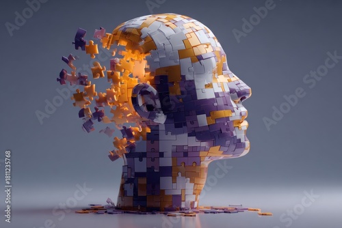 Three-dimensional sculpted human head made from interlocking colorful jigsaw puzzle pieces