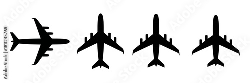 Four black airplane silhouettes in a row with different angles and wing configurations shown here