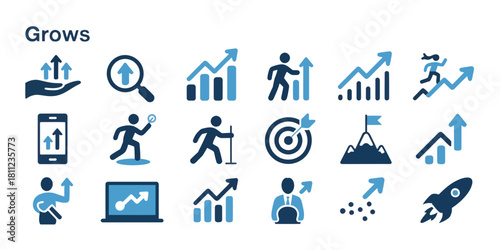 Collection of business growth icons showing upward trends targets and people achieving success and goals silhouette