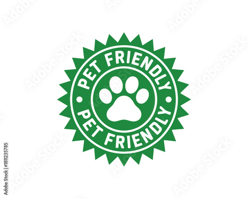 Green pet friendly badge with paw print inside a circular seal with jagged edges and text around it 