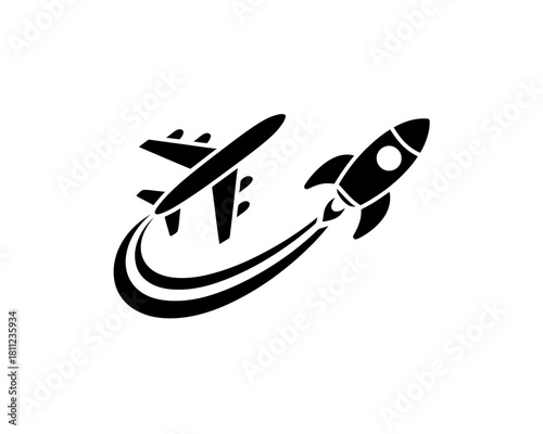 Airplane and rocket ship soaring upward with jet stream illustration in black and white design silhouette