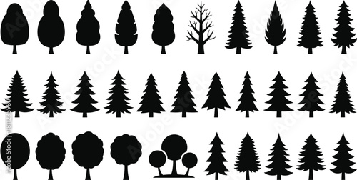 Set of tree silhouettes, black pine, fir, spruce and deciduous plants, vector forest collection isolated on white background.