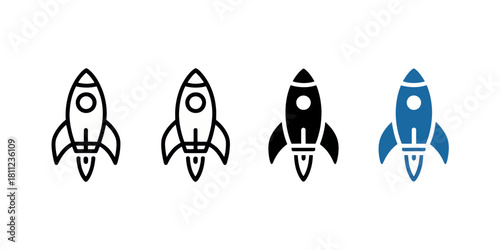 Illustration of four rocket ship icons in black and blue with a simple and modern design style silhouette