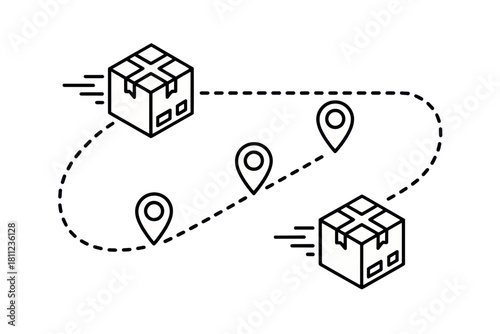 Illustration showing package delivery route with boxes and location pins connected by a dotted line path silhouette