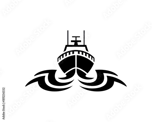 Front view of a ship with waves in black and white simple design with antenna on top of the vessel silhouette