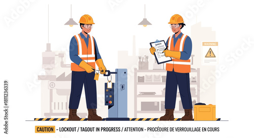 Industrial safety procedure in progress Two skilled workers meticulously performing lockout tagout to ensure machine maintenance and workplace security in a manufacturing environment