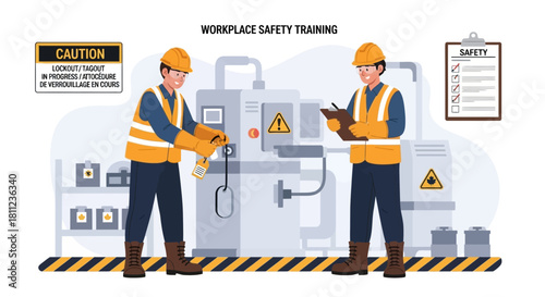 An illustration of two technicians performing a safety check and operational training on industrial equipment in a manufacturing plant