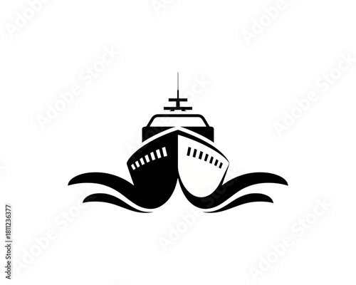 Illustration of a symmetrical ship sailing on stylized waves in black and white color scheme design style silhouette