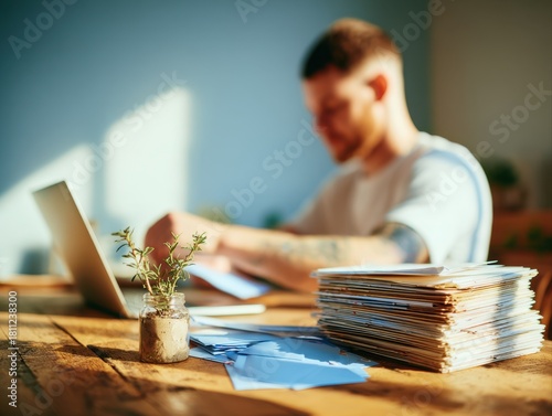 A focused man diligently organizes mail at a bright, tidy desk, bathed in warm sunlight.