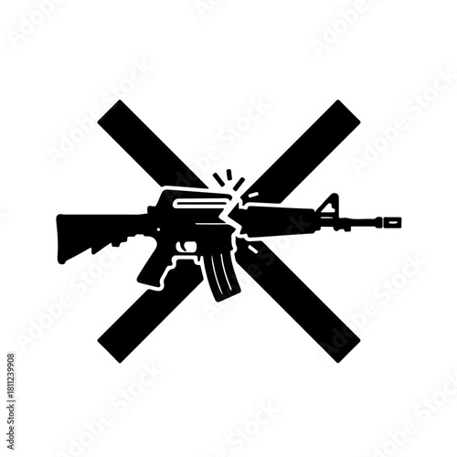 black and white icon depicting a rifle or pistol broken in two or crossed out with a thick line. This powerful visual represents anti-war movements, disarmament, and the cessation of violence