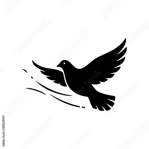 black and white line art illustration of a dove, the universal symbol of peace, captured in a graceful flight with wide, outstretched wings. Ideal for themes related to peace, freedom, spirituality