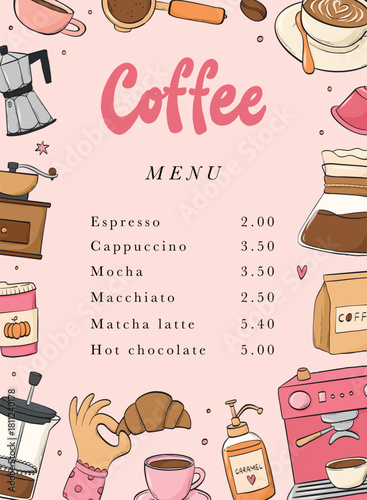 Coffee poster, banner, print, card, menu page decorated with doodles frame and lettering on pink background. EPS 10