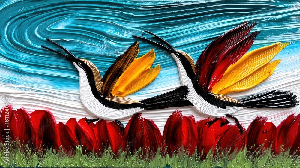 Fototapeta premium A textured painting depicts two hummingbirds in flight above a bed of red tulips, with a dynamic, abstract sky in the background.