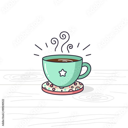 A cute cartoon illustration of a steaming green coffee cup with a star on a colorful coaster.
