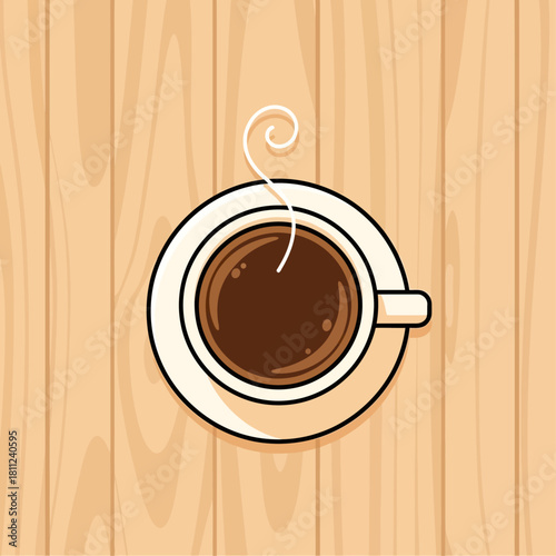 Overhead view of a cup of coffee on a wooden surface.