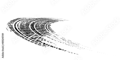 Grunge tire track, wheel braking marks. Truck, car or motorcycle tread pattern silhouette. Auto race, motorsport, speed racing design element. Vector illustration