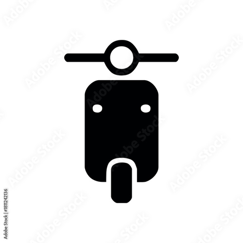 A simple black and white vector illustration of a scooter from a frontal perspective view only