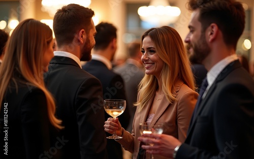 A group of business professionals networking at a cocktail event, with elegant attire and a sophisticated ambiance. High quality