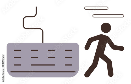Person walking away from a keyboard. Ideal for work-life balance, digital detox, freedom from stress, escaping technology, burnout recovery, mental clarity, minimalist trends. Simple flat metaphor