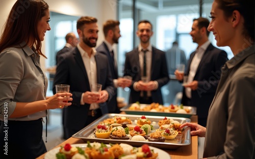 Businesspeople enjoying catering service with appetizers and beverages at corporate event, creating networking opportunity. High quality