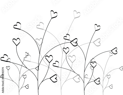 minimal heart-shaped floral lines forming romantic abstract pattern, abstract heart flower stems creating elegant romantic illustration, line art hearts growing like flowers in modern minimal 