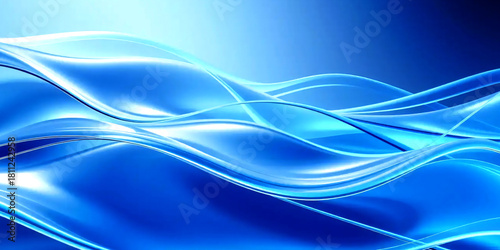 Flowing waves of metallic blue glass structures, smooth reflective contours, soft neon edge lighting, abstract motion, luxury futuristic technology style, elegant gradient background.