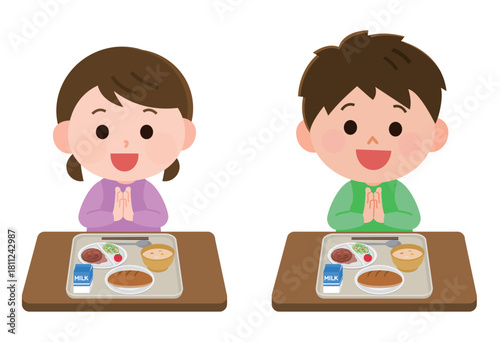 給食を食べる男の子と女の子　イラスト