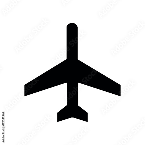 A simple black airplane icon with wings and tail on a white background in a flat vector style