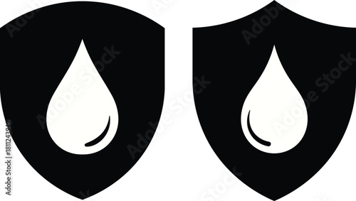 Two black shields with white water drop icons on white background protection security