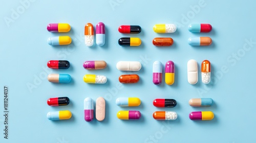 Colorful pills and capsules, assorted shapes and hues, on a light blue background, top view, copy space.