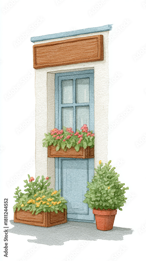 Fototapeta premium Charming Watercolor Doorway Surrounded by Lush Flowers and Vibrant Plants: A Perfect Blend of Nature and Elegance for Your Home Decor Inspiration
