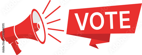 Red megaphone with white text VOTE on a red banner vote election