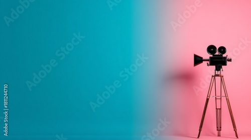 Minimalist Movie Design Conceptม A vintage film camera stands against a split background of teal and pink, creating a vibrant and creative atmosphere.