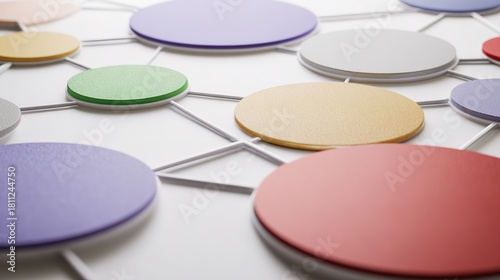 Colorful circular discs, connected by thin lines, on a white background, close - up, copy space.