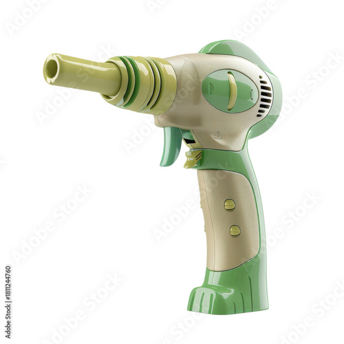 Toy Water Blaster Green and Beige Plastic Squirt Gun Summer Fun Playtime Retro Design Isolated on