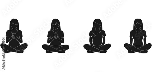 Women Sitting Cross-legged in Front View Silhouette Set