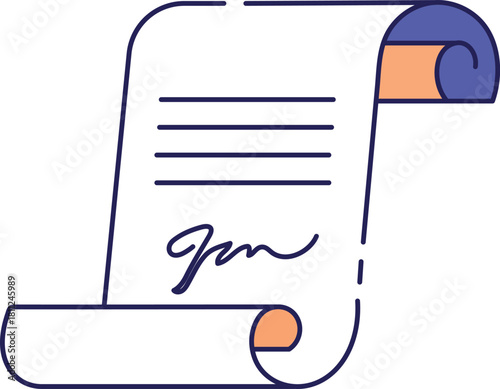 Rolled document with signature and lines in blue and orange scroll paper