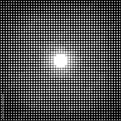 Abstract black and white halftone grid pattern with central highlight for graphic design and backgrounds use