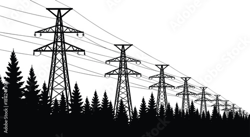 High voltage electric transmission towers with power lines stretching far away over black silhouette pine forest trees isolated on white background vector illustration design.