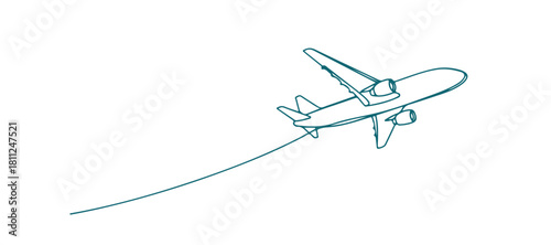 One continuous line illustration of an airplane taking off from a map location pin, symbolizing travel and tourism in a simple vector design.