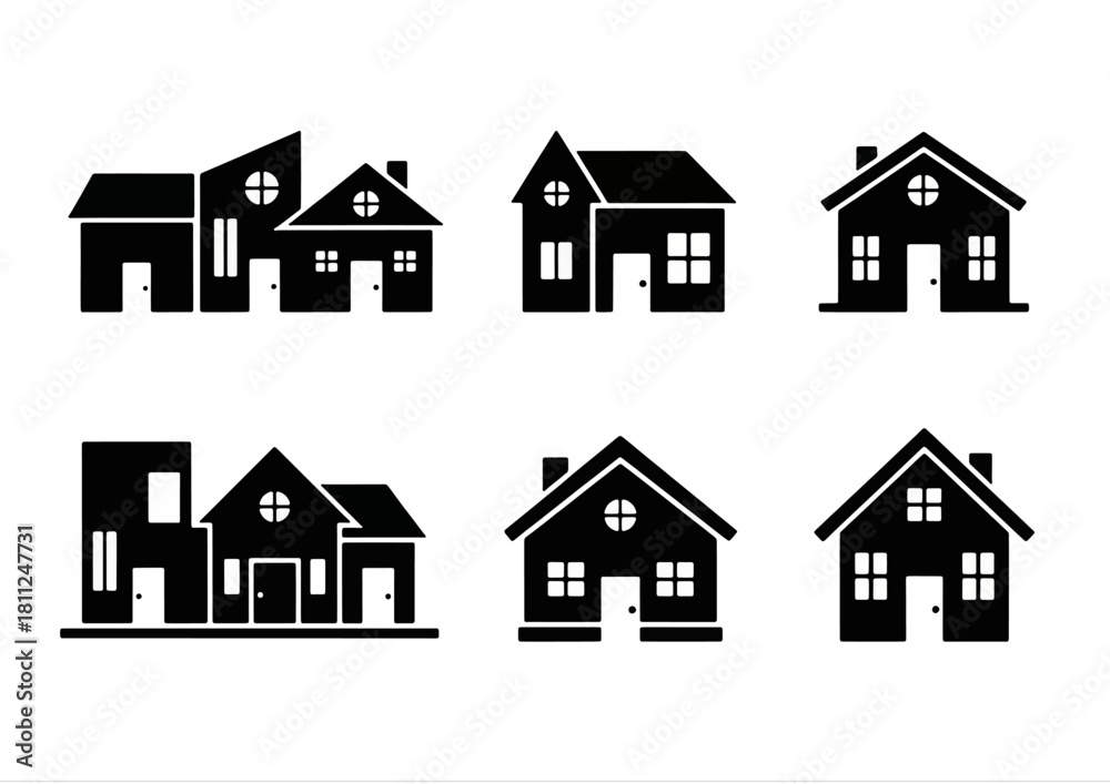 Fototapeta premium A set of minimalist, flat, black-and-white house icons in vector format. Featuring a variety of modern and classic house shapes, including one-story, two-story, gable roof, rounded windows, front door