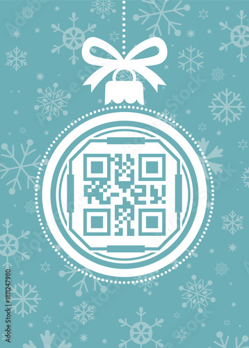 Winter holiday background featuring a blank QR code placed inside a white hanging Christmas bauble, tied with a white bow, set against a teal/blue background with scattered snowflakes. Vector concept 