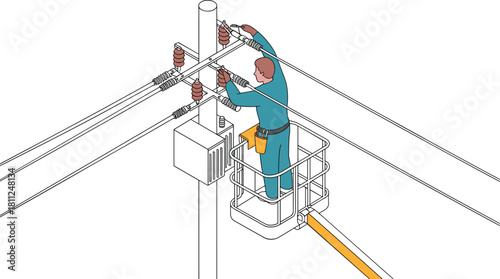 Isometric vector illustration of a lineman repairing high voltage power lines from a bucket truck, working on a utility pole with transformer and safety gear.